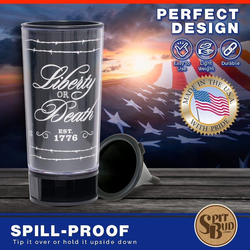 Spit Bud Liberty or Death #1 The Ultimate Spittoon for Chew - Portable Dip & Snuff Cup with Lid, Pop Tab, Spill-Proof Funnel, Can Cutter & Holder - Fit in Cup Holders - Holds 8oz - Made in USA - Image 5